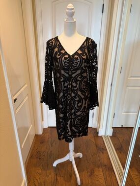 MSK Black Lace-Overlay V-Neck Mini Dress with Nude Underlay